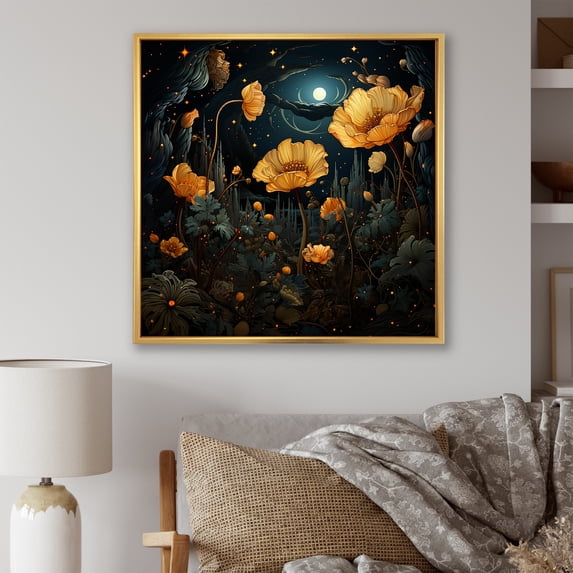 Designart "Starry Night Marigold A Floral Symphony III" Floral Framed Wall Art - Yellow Marigold Entryway Framed Wall Art Print