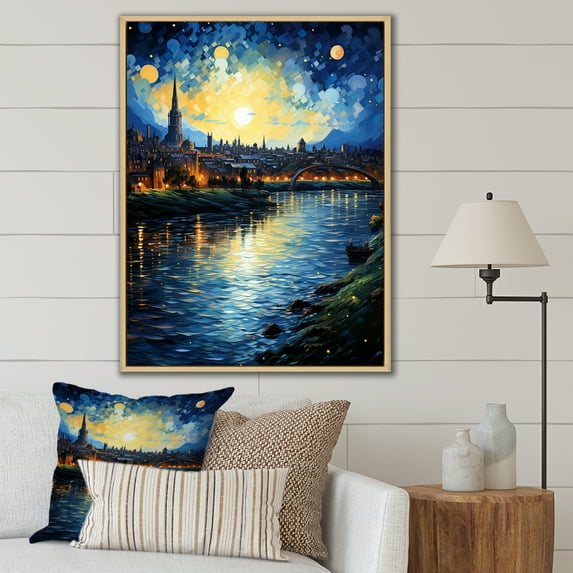 Designart "Starry Night Over the Rhone by Vincent II" Cityscapes Floater Framed Canvas Print