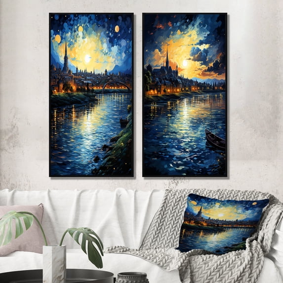 Designart "Starry Night Over the Rhone by Vincent II" Vangogh Framed Wall Art Set Of 2 - Blue Landscapes Framed Wall Art Set Of 2