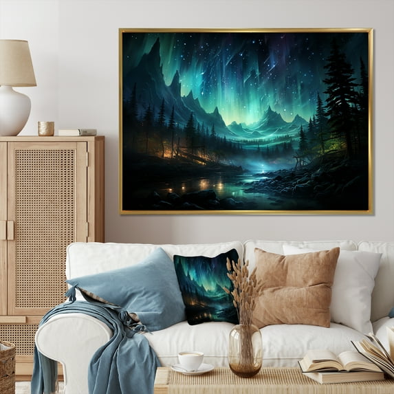 Designart "Starry Night with the Northern Lights II" Landscapes Floater Framed Wall Art Living Room