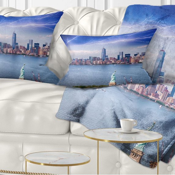 Designart Statue of Liberty and Skyline - Cityscape Photo Throw Pillow - 12x20