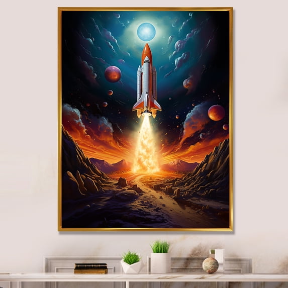 Designart "Stellar Voyage with the Rocketship II" Rocketship Floater Framed Wall Decor