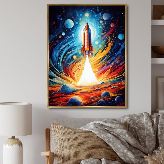 Designart "Stellar Voyage with the Rocketship III" Rocketship Floater Framed Wall Art Living Room