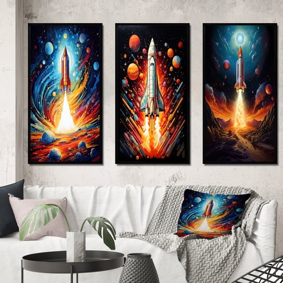 Designart "Stellar Voyage with the Rocketship III" Rocketship Framed Wall Art Set Of 3 - Multi-Color Rocketship Frame Gallery Set For Office Decor