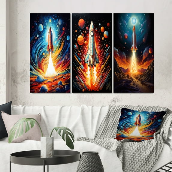 Designart "Stellar Voyage with the Rocketship III" Rocketship Wall Art Set Of 3 - Multi-Color Rocketship Gallery Set For Office Decor