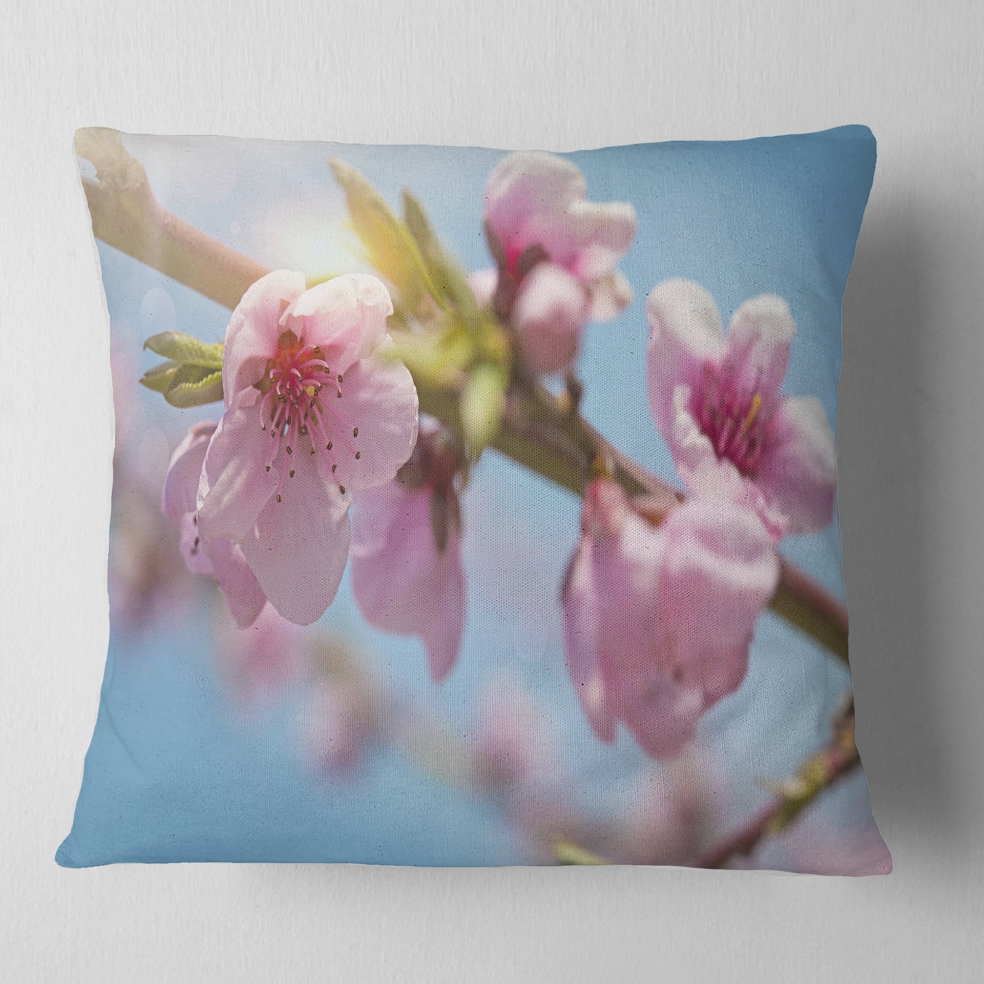 Designart Stem of Peach Blossom Flowers - Floral Throw Pillow - 18x18