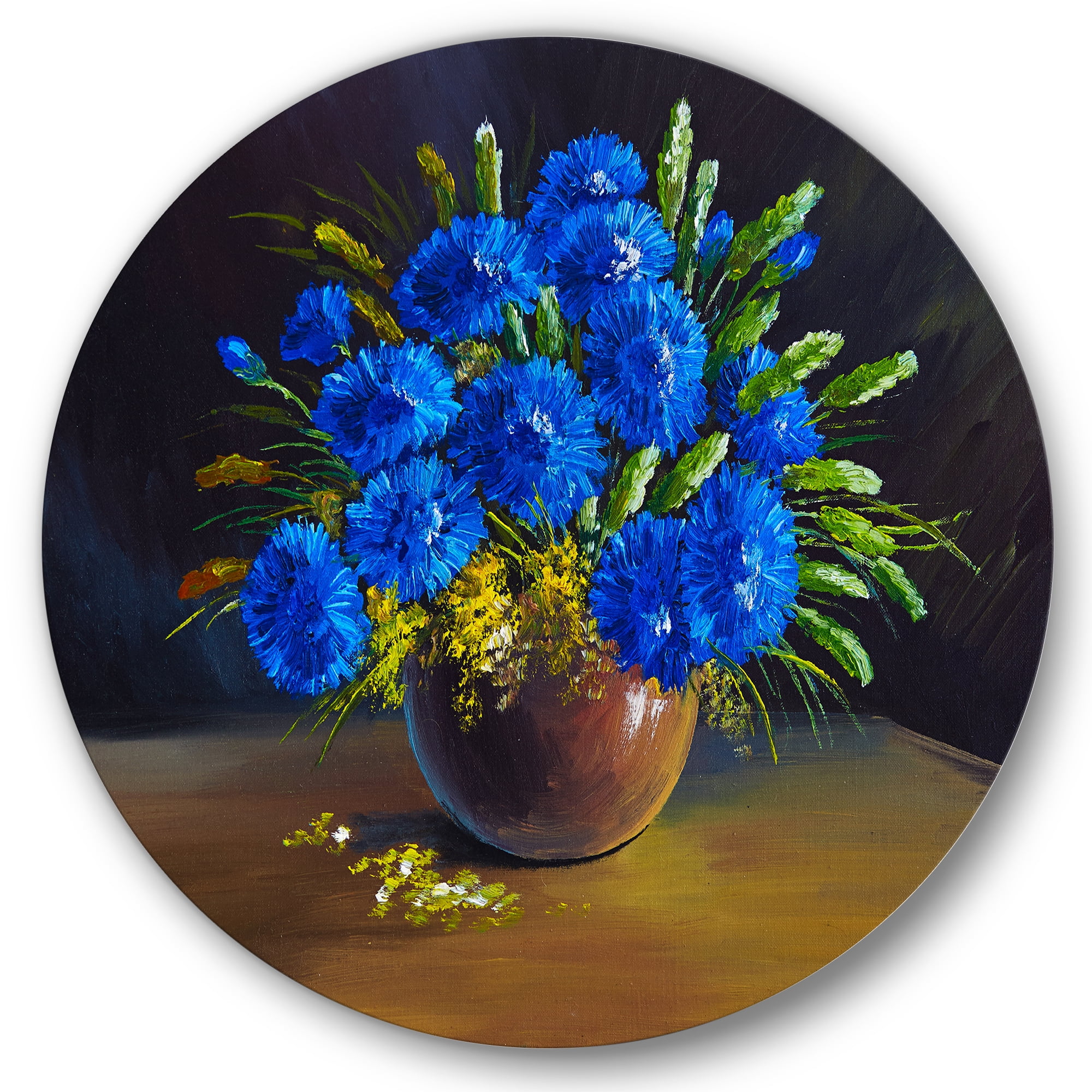 Designart 'Still Life A Bouquet Of Blue Wildflowers In Vase' Traditional Circle Metal Wall Art 29x29 - Disc of 29