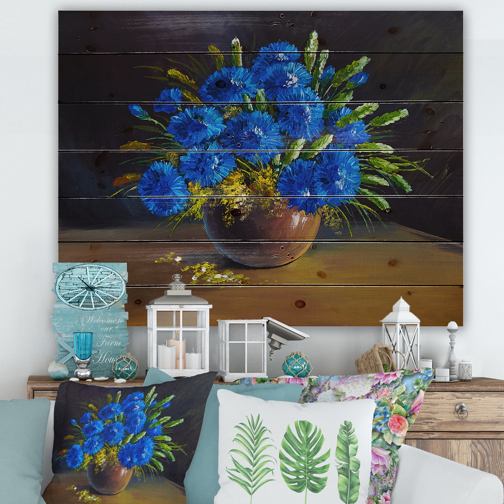 Designart 'Still Life A Bouquet Of Blue Wildflowers In Vase' Traditional Print on Natural Pine Wood