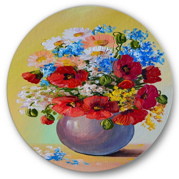 Designart 'Still Life A Bouquet Of Blue and Red Flowers' Traditional Circle Metal Wall Art 36x36 - Disc of 36
