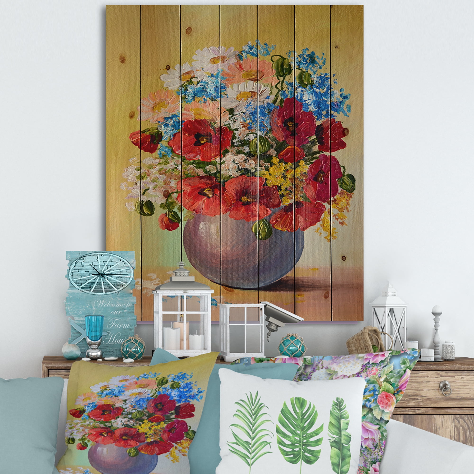 Designart 'Still Life A Bouquet Of Blue and Red Flowers' Traditional Print on Natural Pine Wood