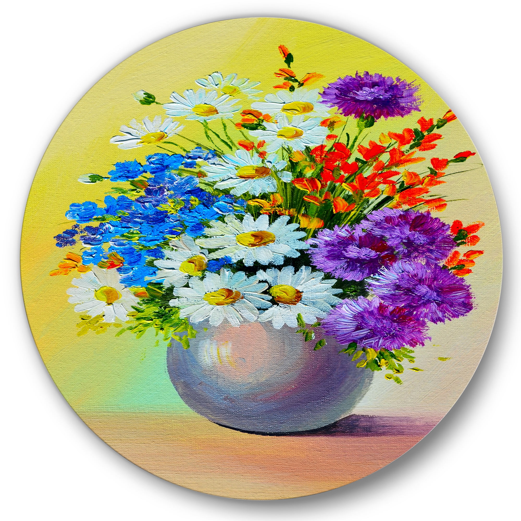 Designart 'Still Life A Bouquet Of Red Blue & White Flowers' Traditional Circle Metal Wall Art 23x23 - Disc of 23