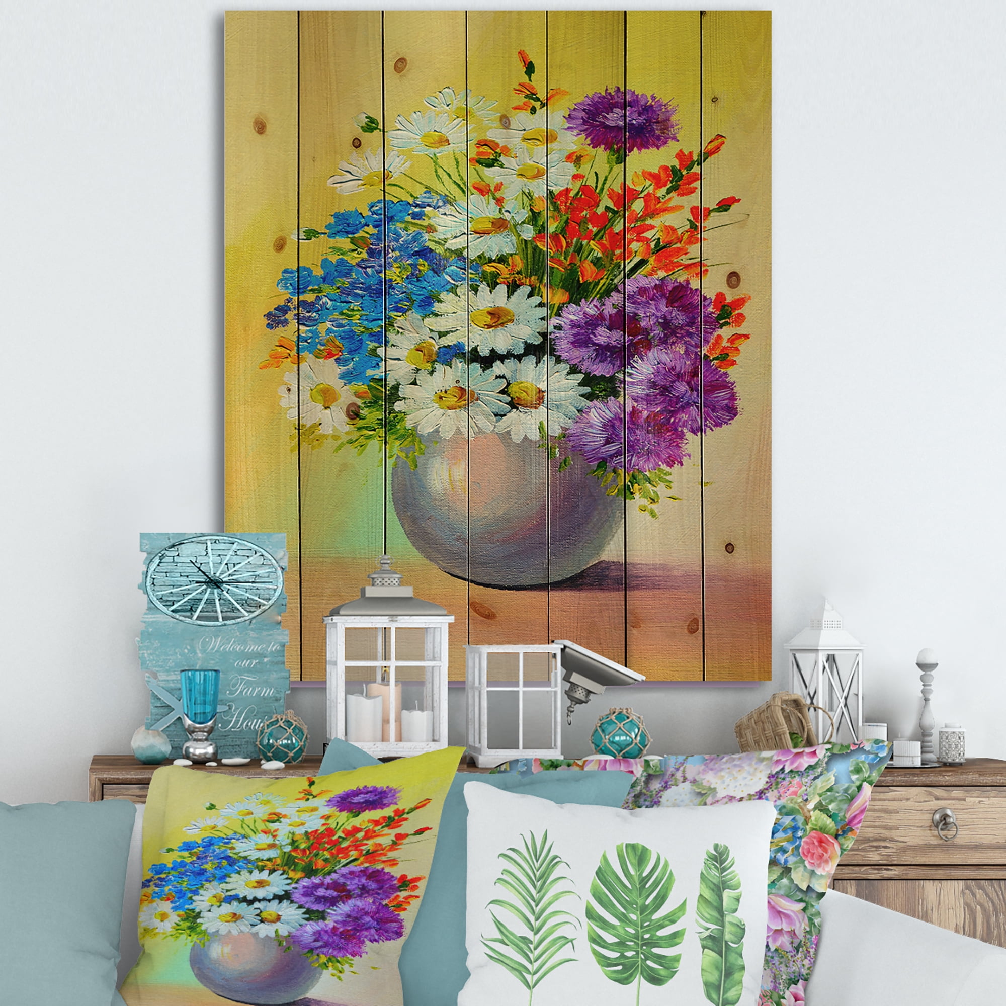 Designart 'Still Life A Bouquet Of Red Blue & White Flowers' Traditional Print on Natural Pine Wood
