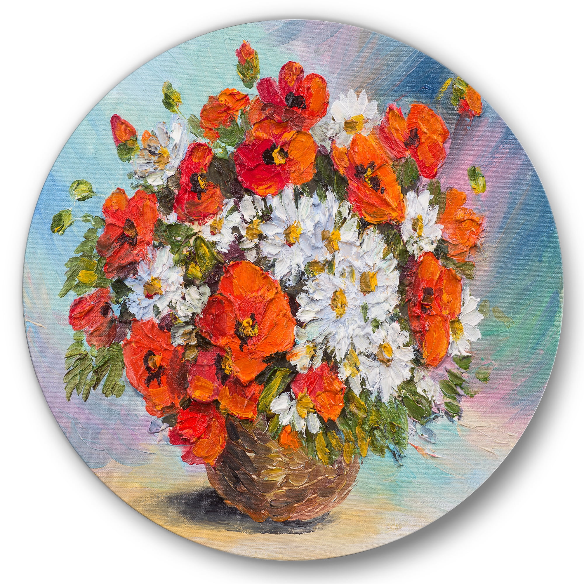 Designart 'Still Life Bouquet Of Daisies and Poppies' Traditional Circle Metal Wall Art 36x36 - Disc of 36