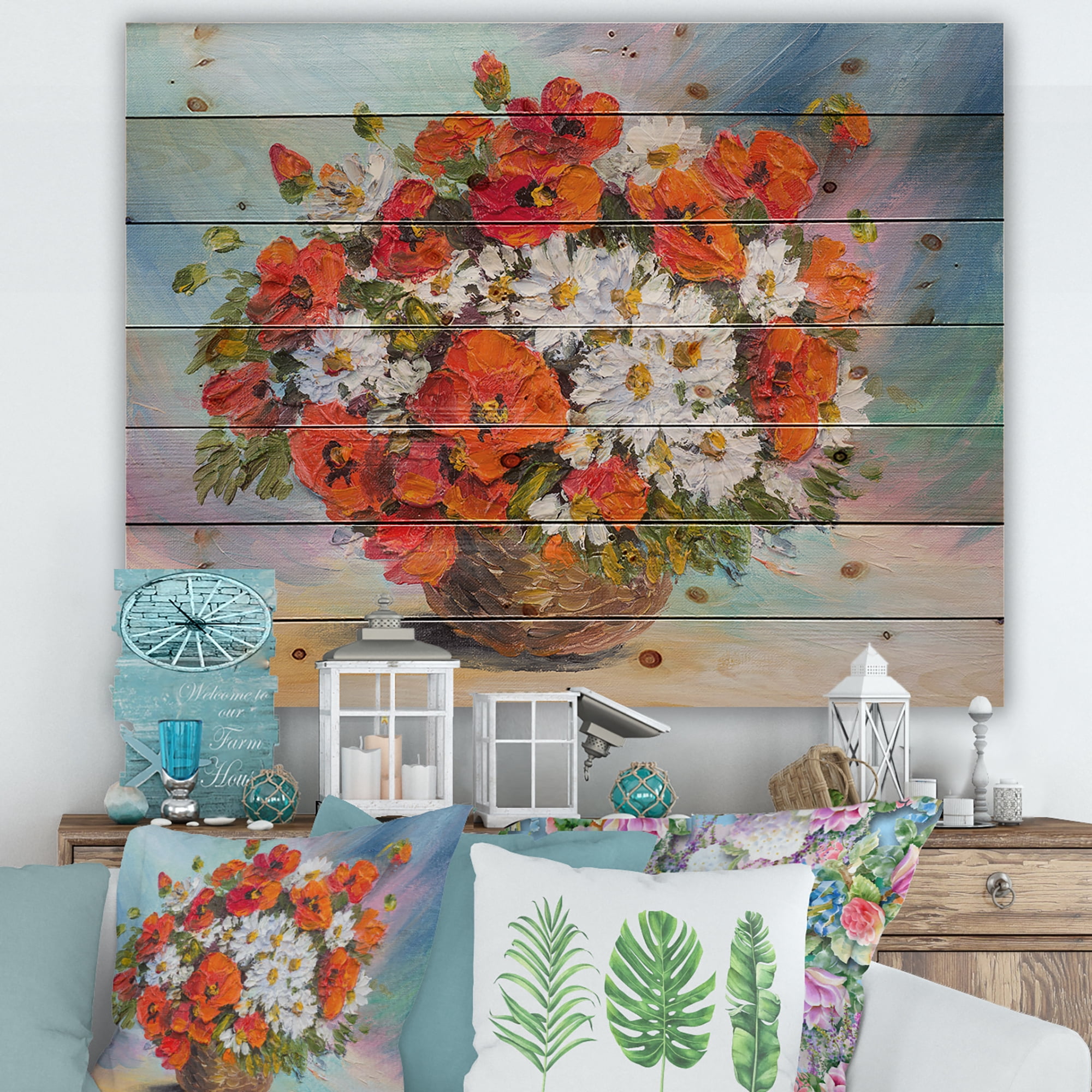 Designart 'Still Life Bouquet Of Daisies and Poppies' Traditional Print on Natural Pine Wood