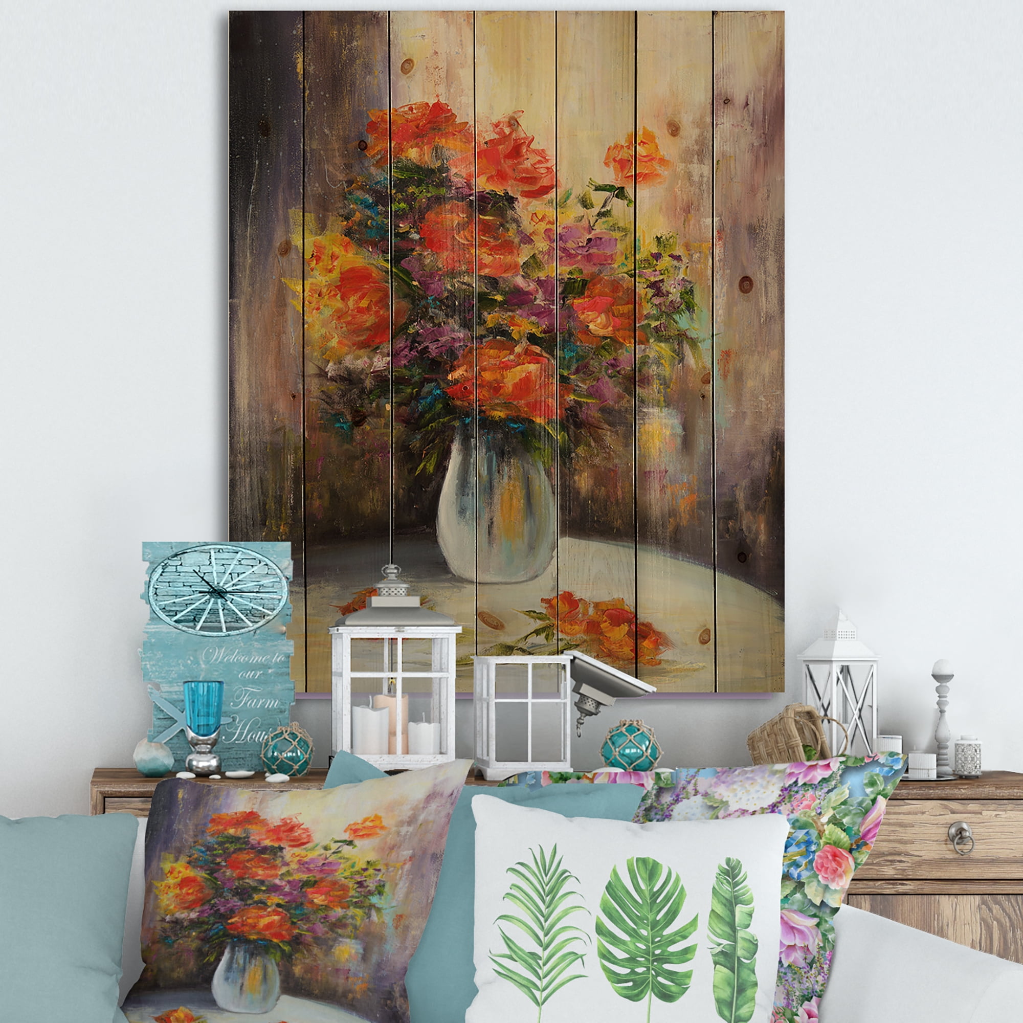 Designart 'Still Life Bouquet With Yellow and Red Flowers' Traditional Print on Natural Pine Wood