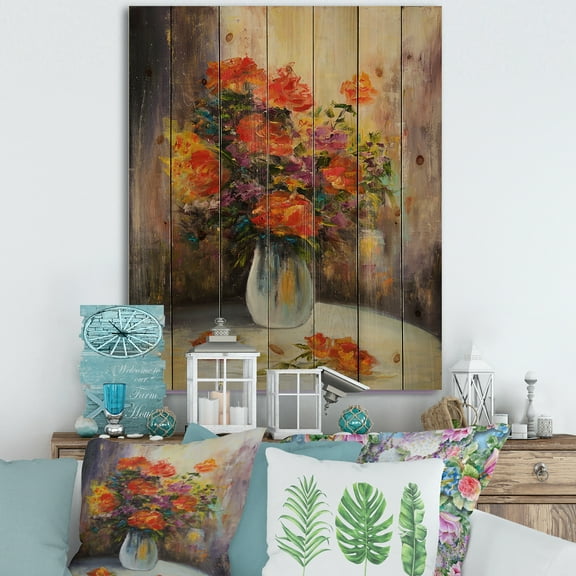 Designart 'Still Life Bouquet With Yellow and Red Flowers' Traditional Print on Natural Pine Wood