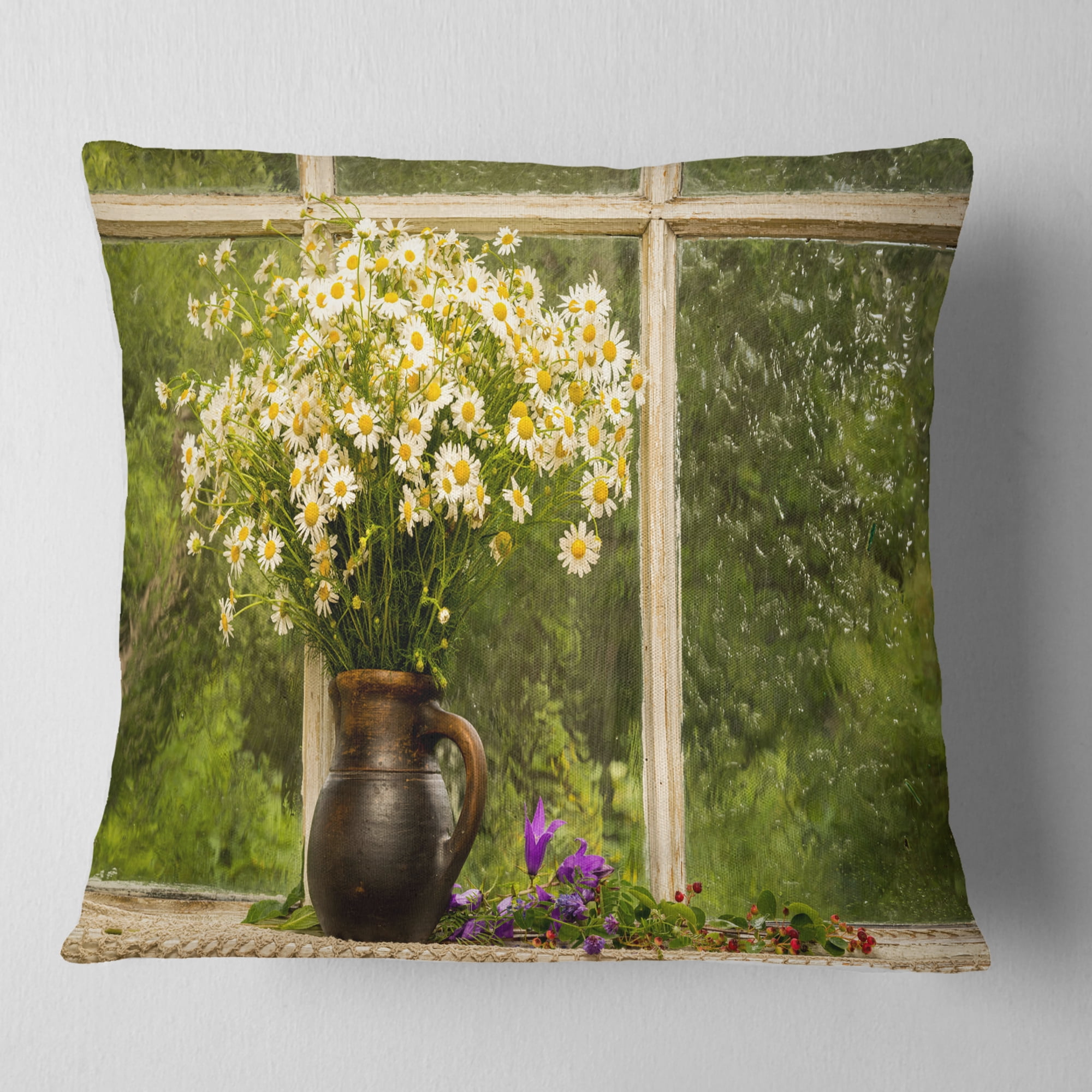 Designart Still Life Bouquet of Chamomiles - Modern Landscape Printed Throw Pillow - 16x16