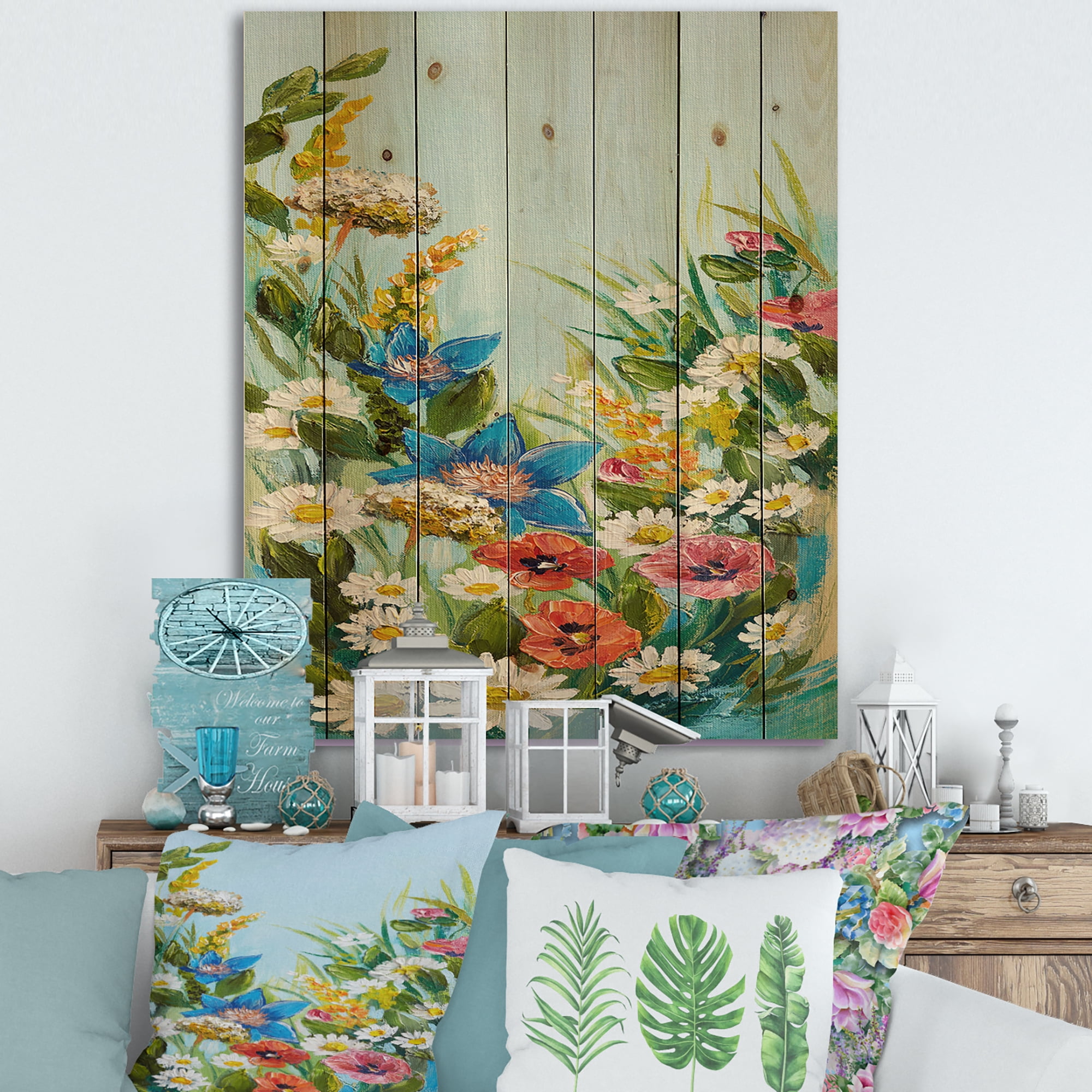 Designart 'Still Life Of Colorful Wildflowers With Leaves I' Traditional Print on Natural Pine Wood