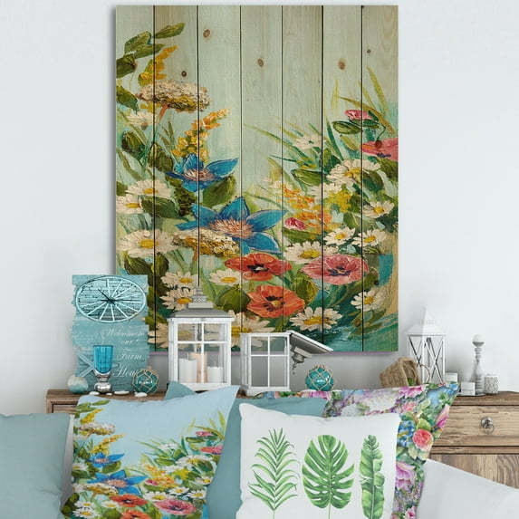 Designart 'Still Life Of Colorful Wildflowers With Leaves I' Traditional Print on Natural Pine Wood