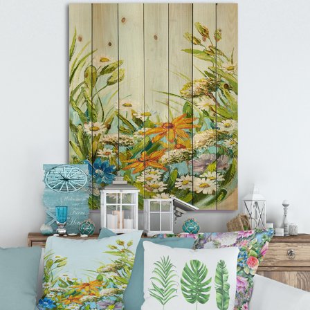Designart 'Still Life Of Colorful Wildflowers With Leaves II' Traditional Print on Natural Pine Wood