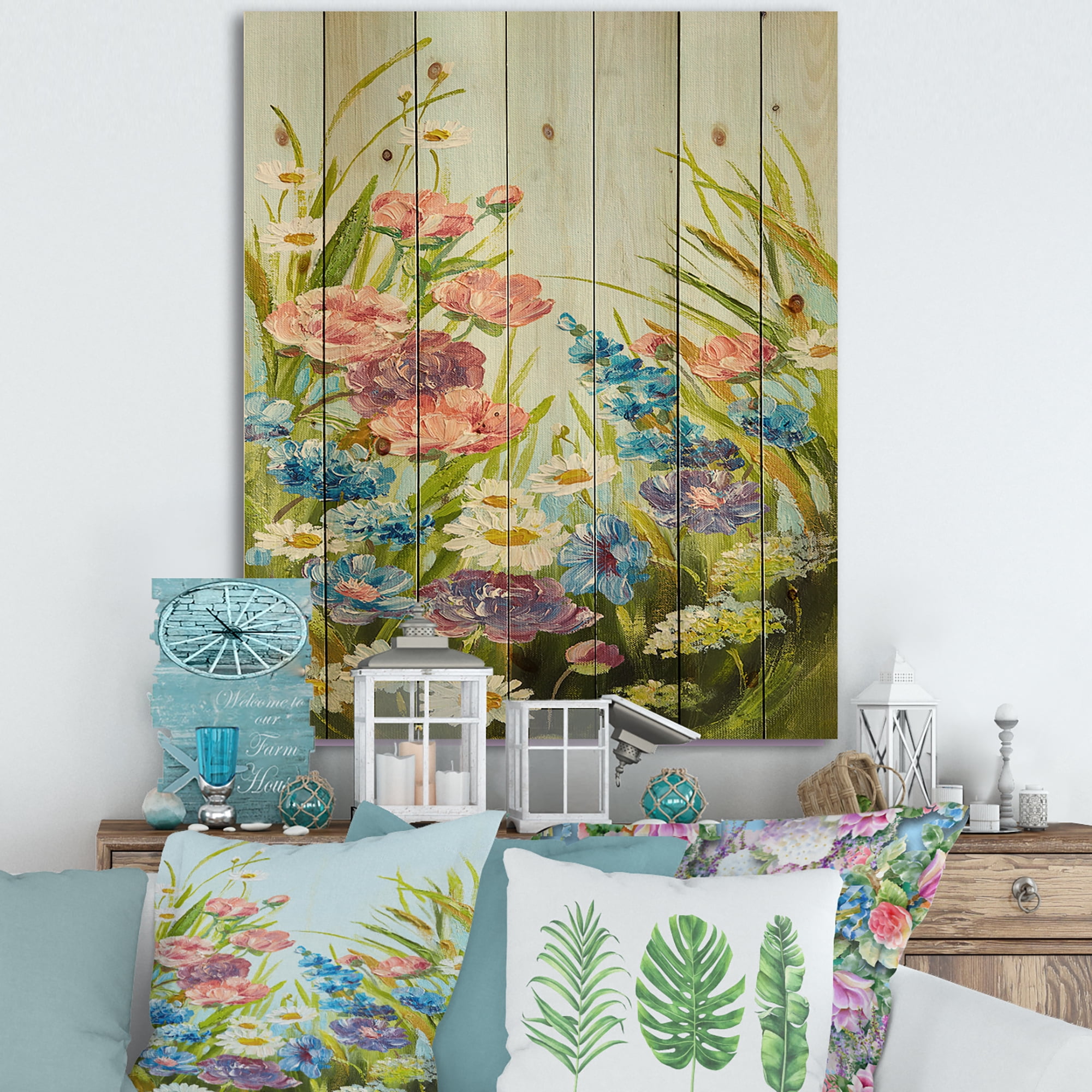 Designart 'Still Life Of Colorful Wildflowers With Leaves III' Traditional Print on Natural Pine Wood