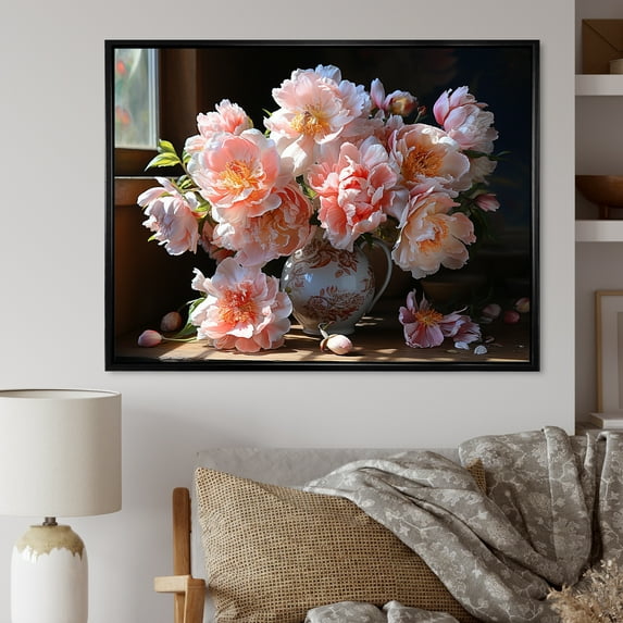 Designart "Still Life Of Pink Peony Bouquet III" Peonies Floater Framed Wall Decor