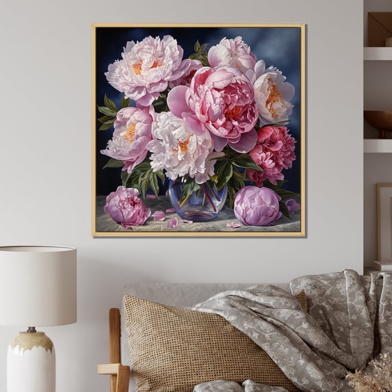 Designart "Still Life Of Pink Peony Bouquet" Peonies Floater Framed Wall Art Living Room
