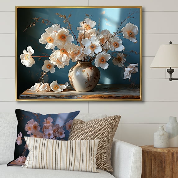 Designart "Still Life Of Poppies In A Vase Bouquet" Poppies Floater Framed Canvas Wall Art