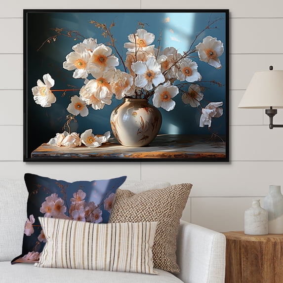 Designart "Still Life Of Poppies In A Vase Bouquet" Poppies Floater Framed Canvas Wall Art