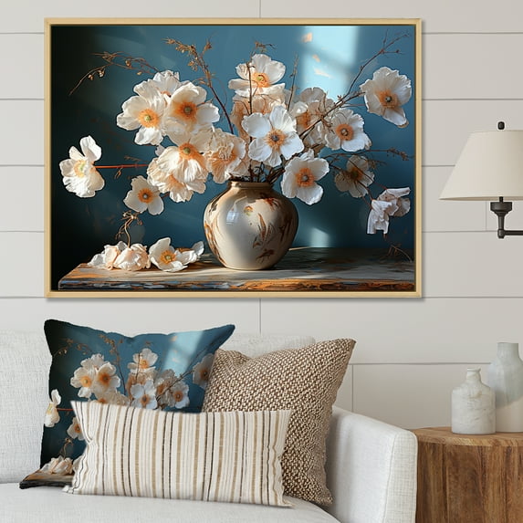 Designart "Still Life Of Poppies In A Vase Bouquet" Poppies Floater Framed Canvas Wall Art