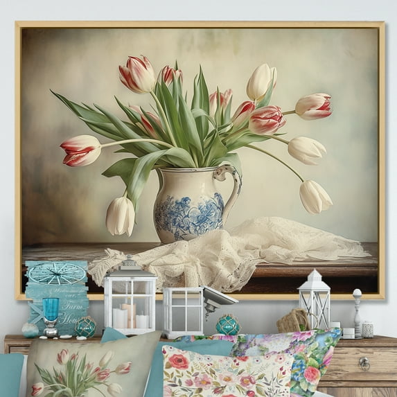 Designart "Still Life Of Tulip Bouquet VI" Tulips Floater Framed Canvas Wall Art
