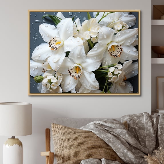 Designart "Still Life Photography Of White Orchids" Orchids Floater Framed Wall Decor