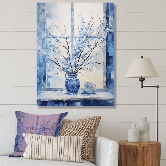 Designart "Still Life in Winter Windows with White and Blue III" Landscapes Canvas Wall Art - Traditional Blue Winter Landscape Bedroom Canvas Wall Art