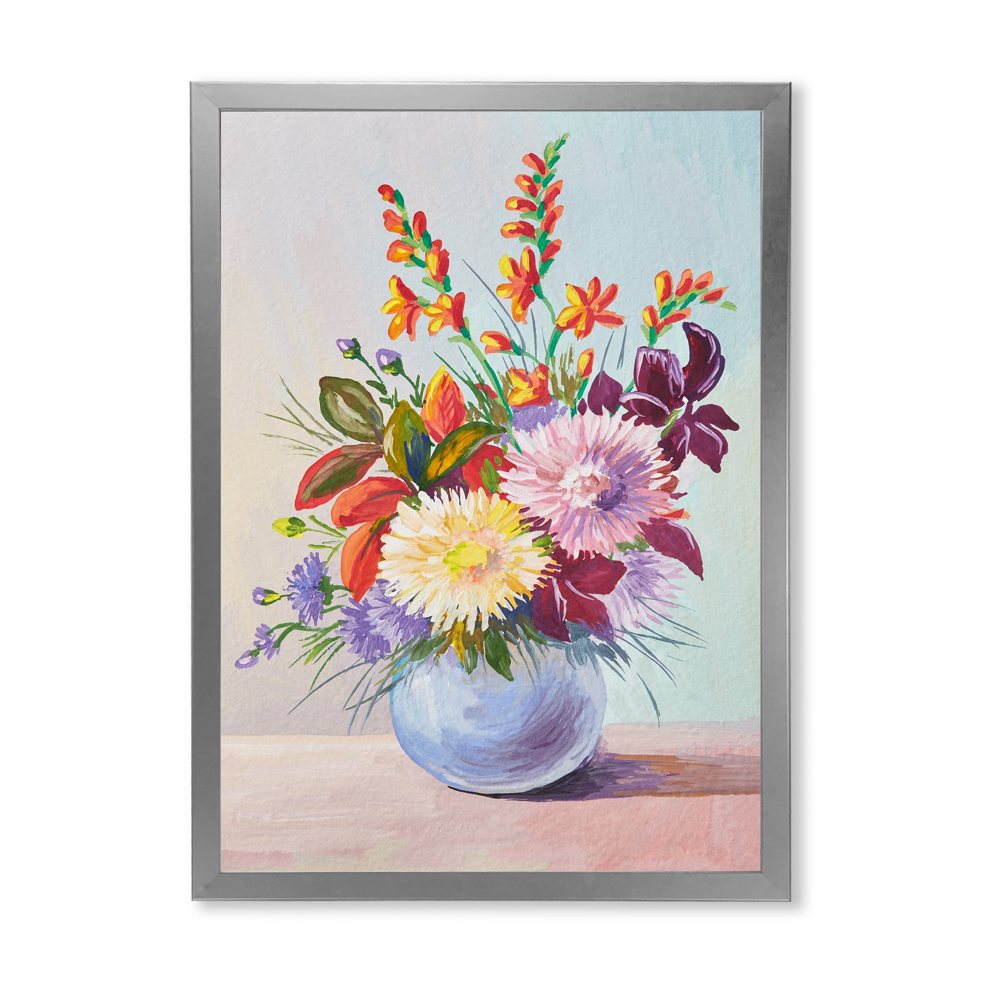Designart 'Still Life With Asters On Colorful Flowers In Vase' Traditional Framed Art Print