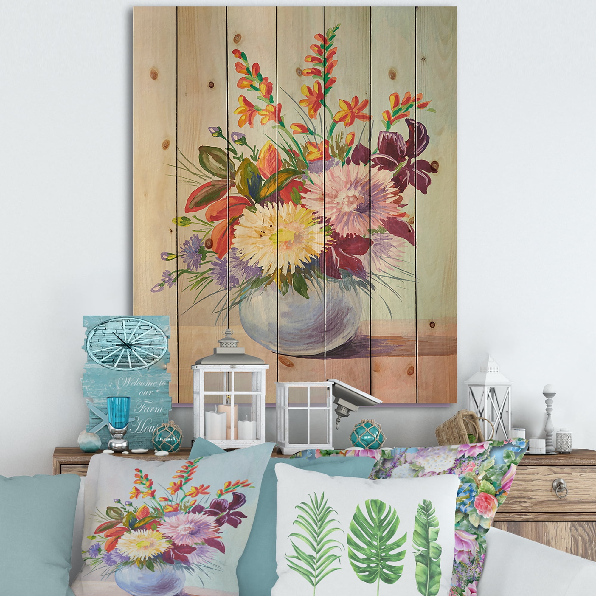 Designart 'Still Life With Asters On Colorful Flowers In Vase' Traditional Print on Natural Pine Wood