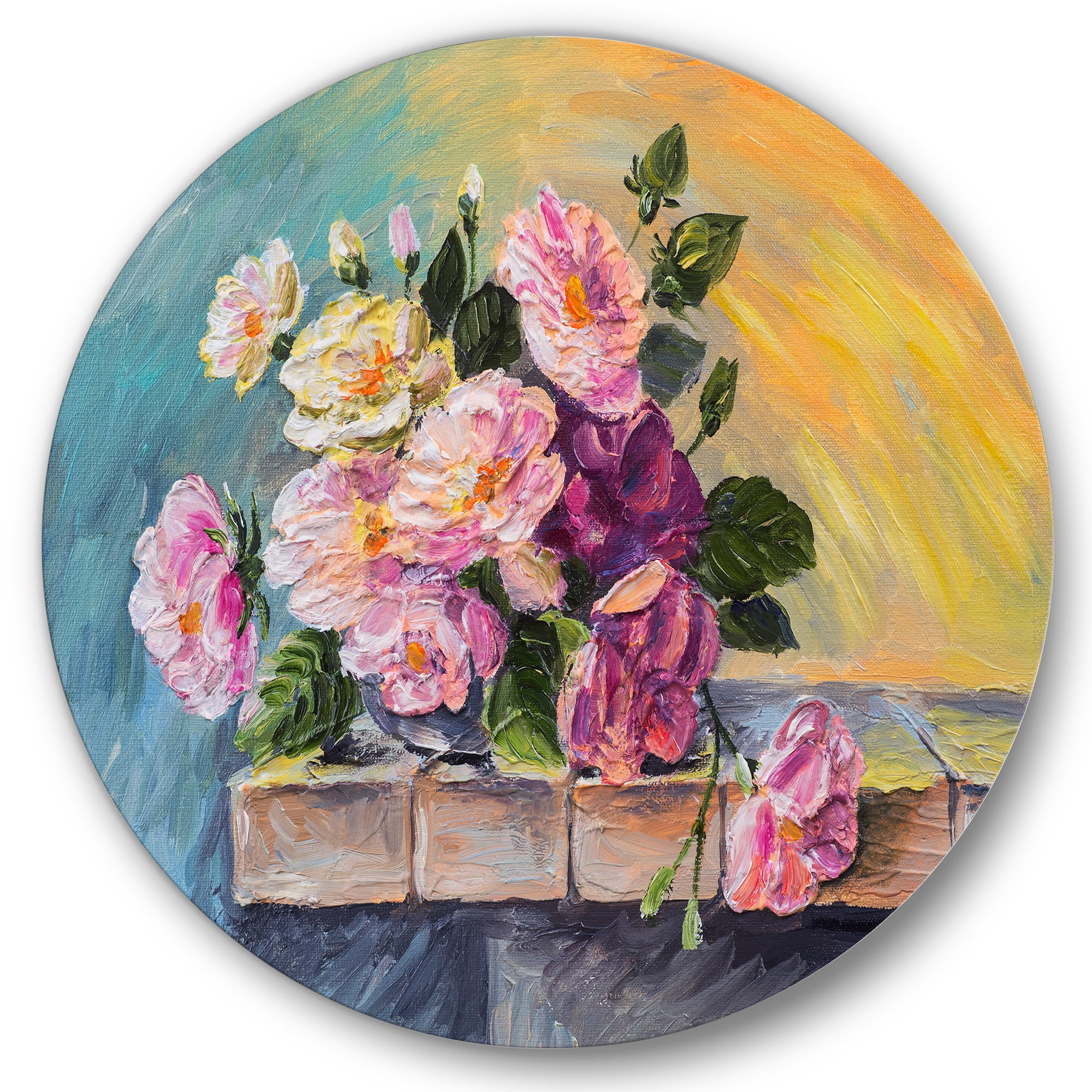 Designart 'Still Life With Bouquet Of Pink Flowers' Traditional Circle Metal Wall Art 29x29 - Disc of 29