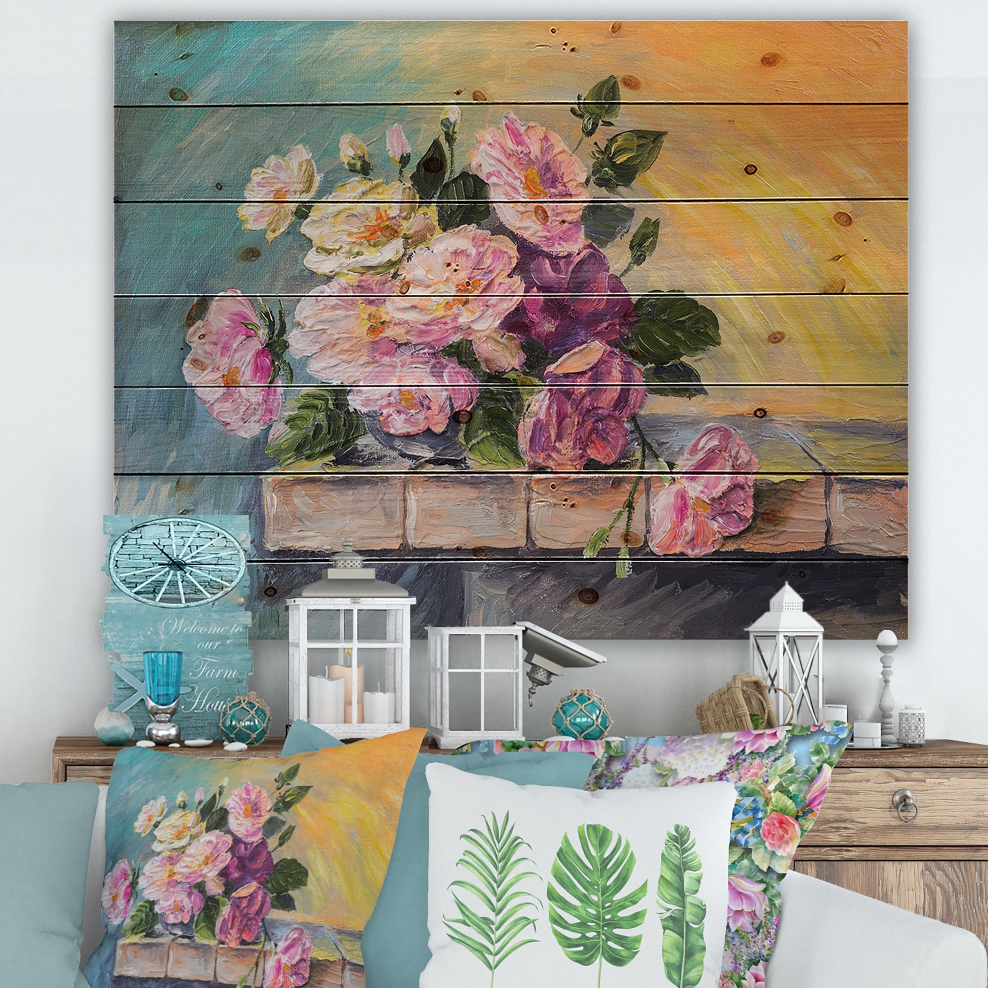 Designart 'Still Life With Bouquet Of Pink Flowers' Traditional Print on Natural Pine Wood