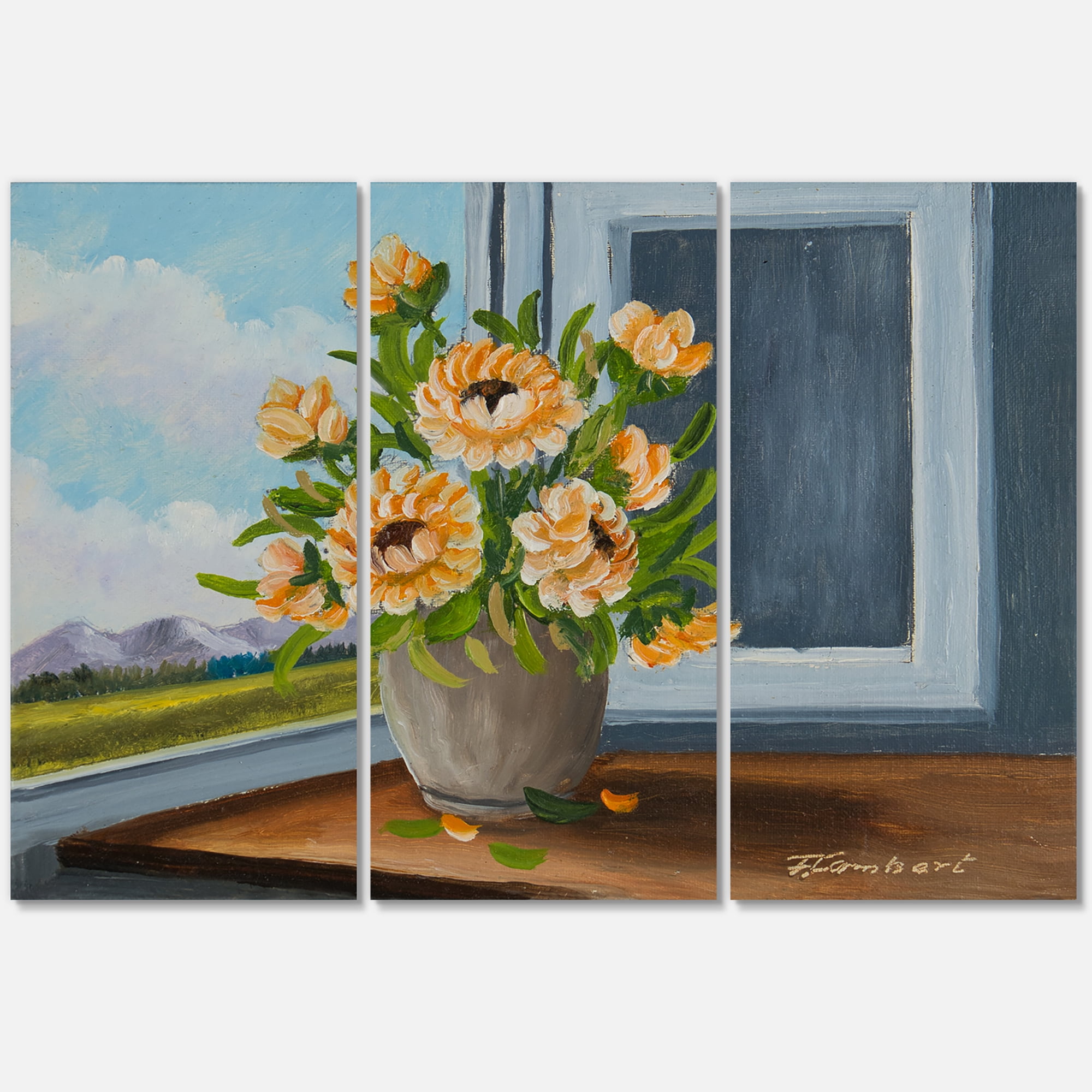 Designart ' Still Life With Orange Flowers In Vase At The Window ' Traditional Canvas Wall Art Print