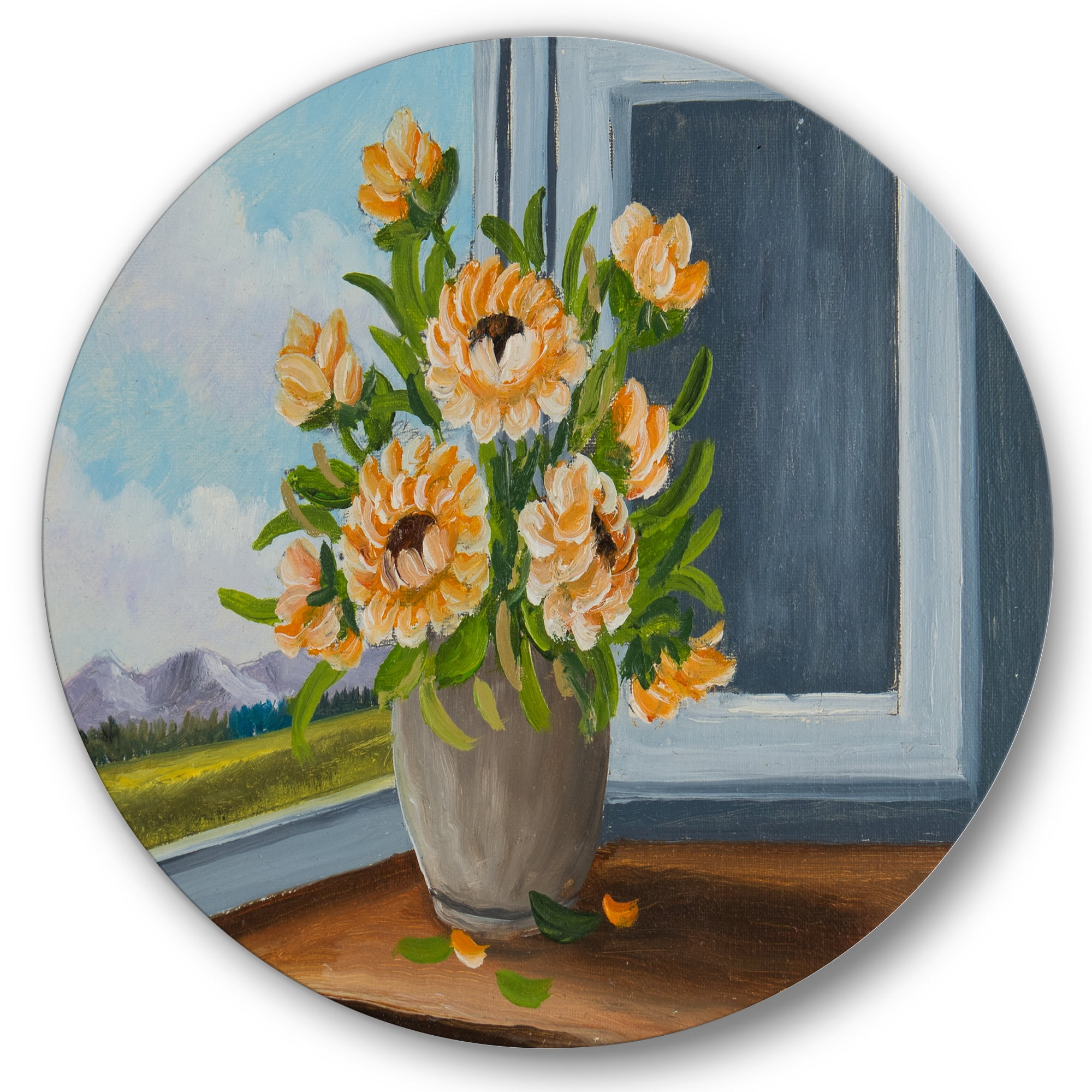 Designart 'Still Life With Orange Flowers In Vase At The Window' Traditional Circle Metal Wall Art 36x36 - Disc of 36