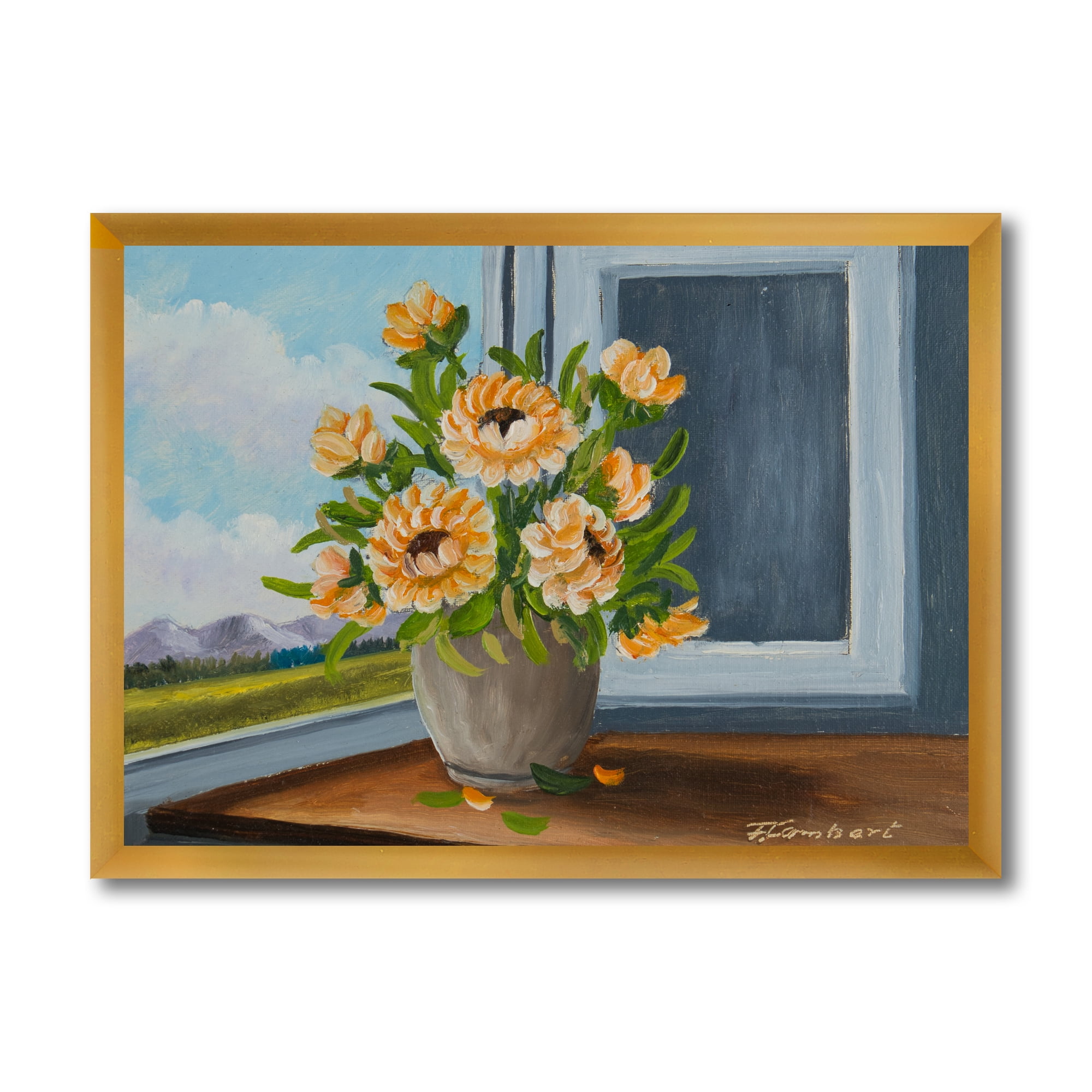 Designart 'Still Life With Orange Flowers In Vase At The Window' Traditional Framed Art Print