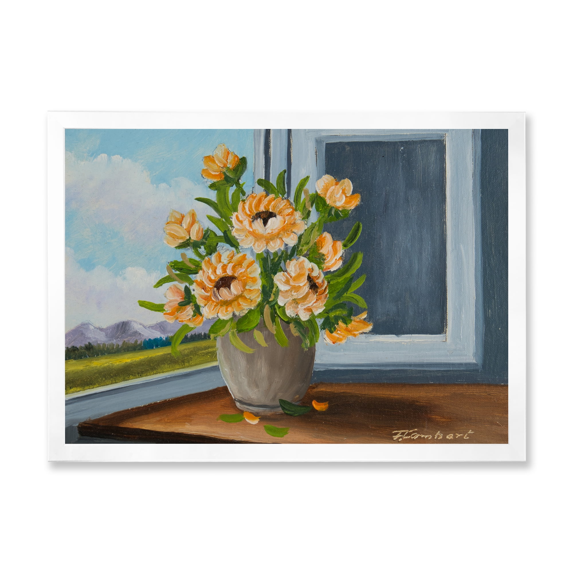 Designart 'Still Life With Orange Flowers In Vase At The Window' Traditional Framed Art Print