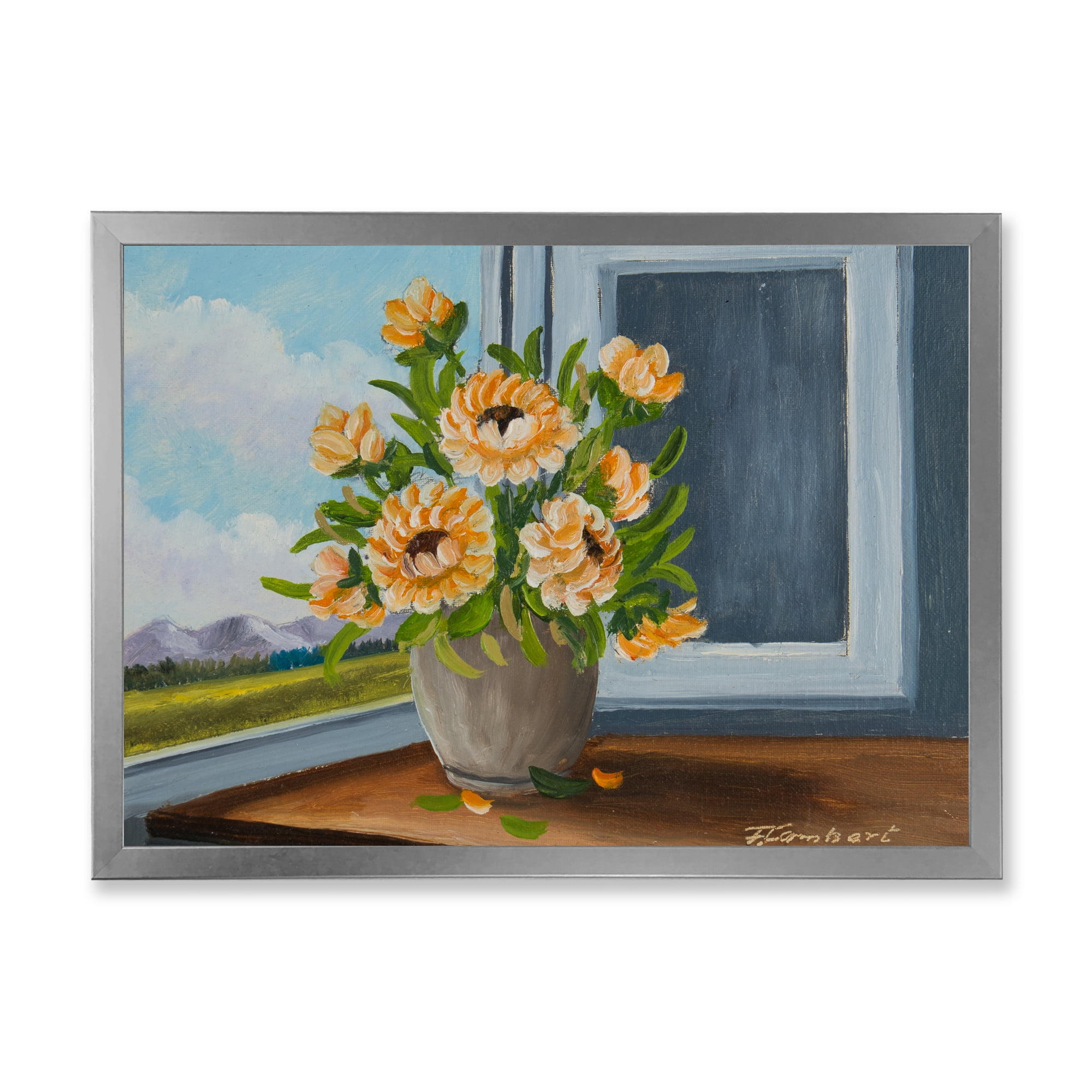 Designart 'Still Life With Orange Flowers In Vase At The Window' Traditional Framed Art Print