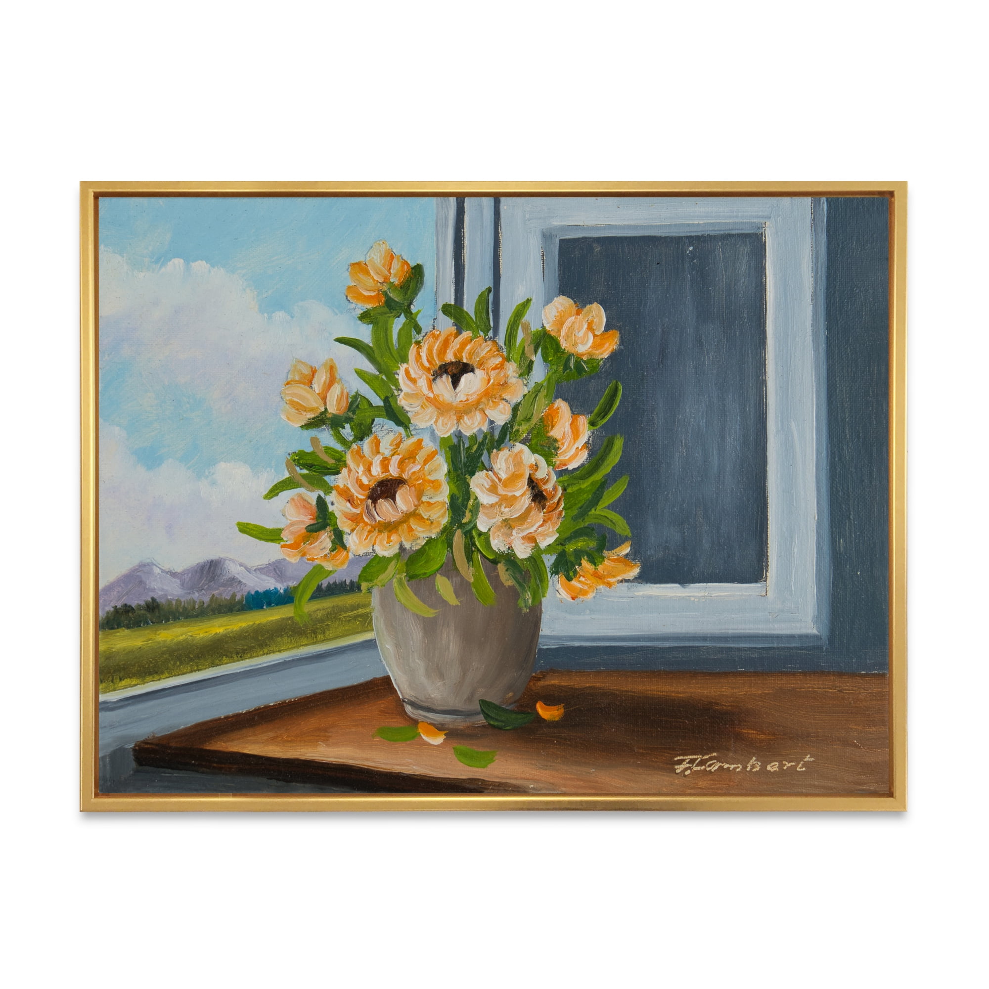 Designart 'Still Life With Orange Flowers In Vase At The Window' Traditional Framed Canvas Wall Art Print