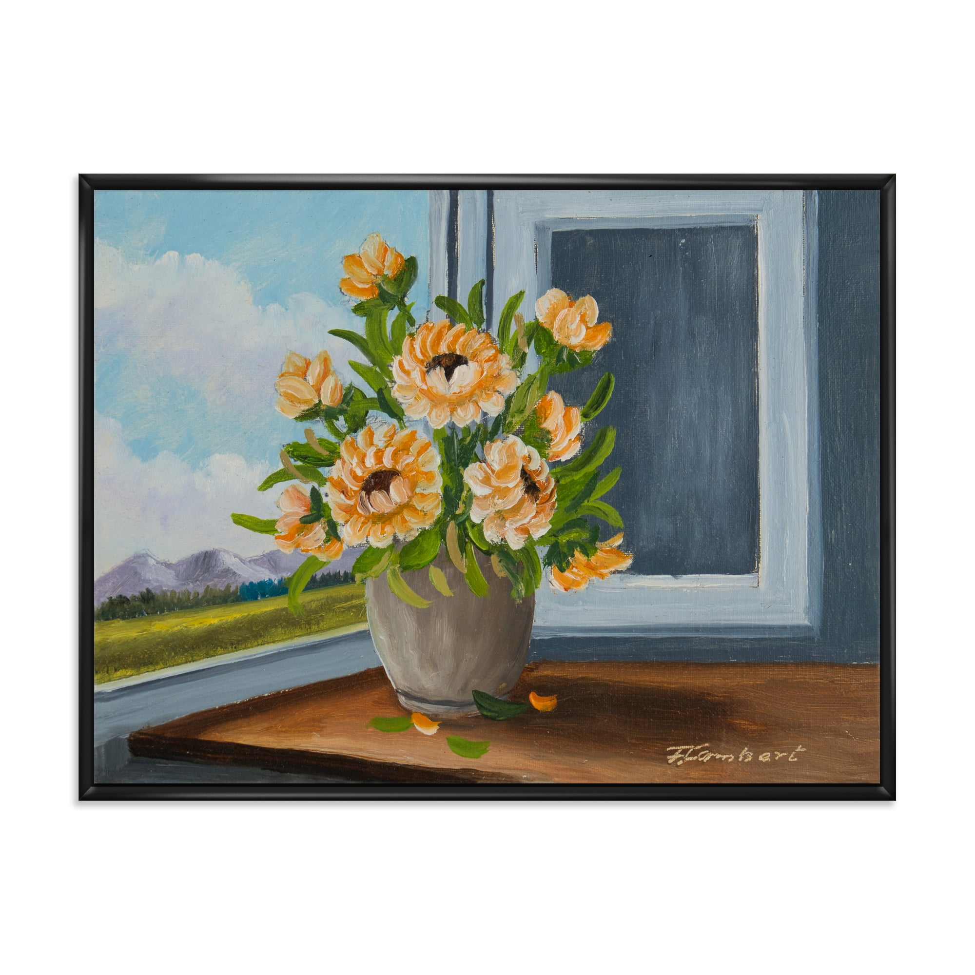 Designart 'Still Life With Orange Flowers In Vase At The Window' Traditional Framed Canvas Wall Art Print