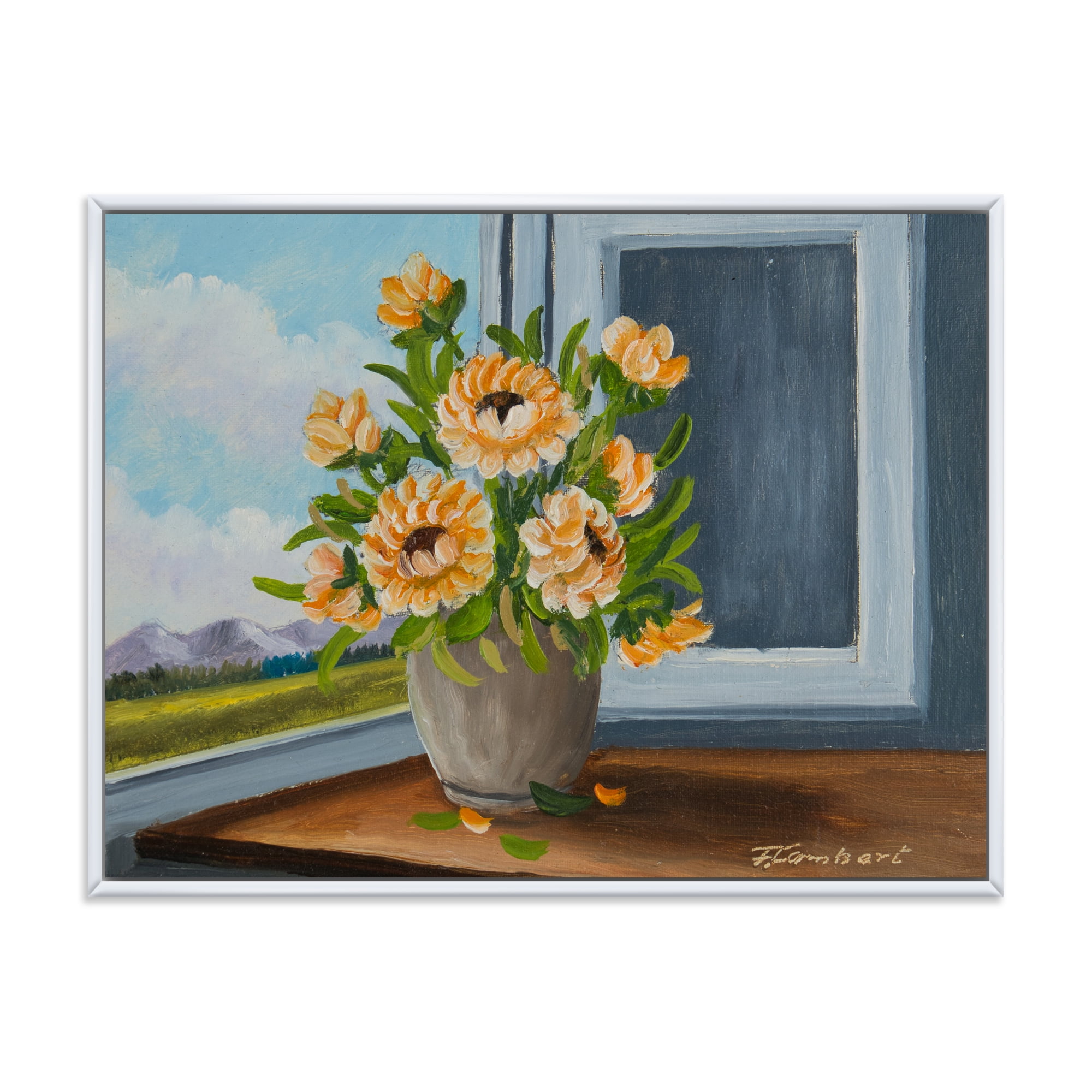 Designart 'Still Life With Orange Flowers In Vase At The Window' Traditional Framed Canvas Wall Art Print