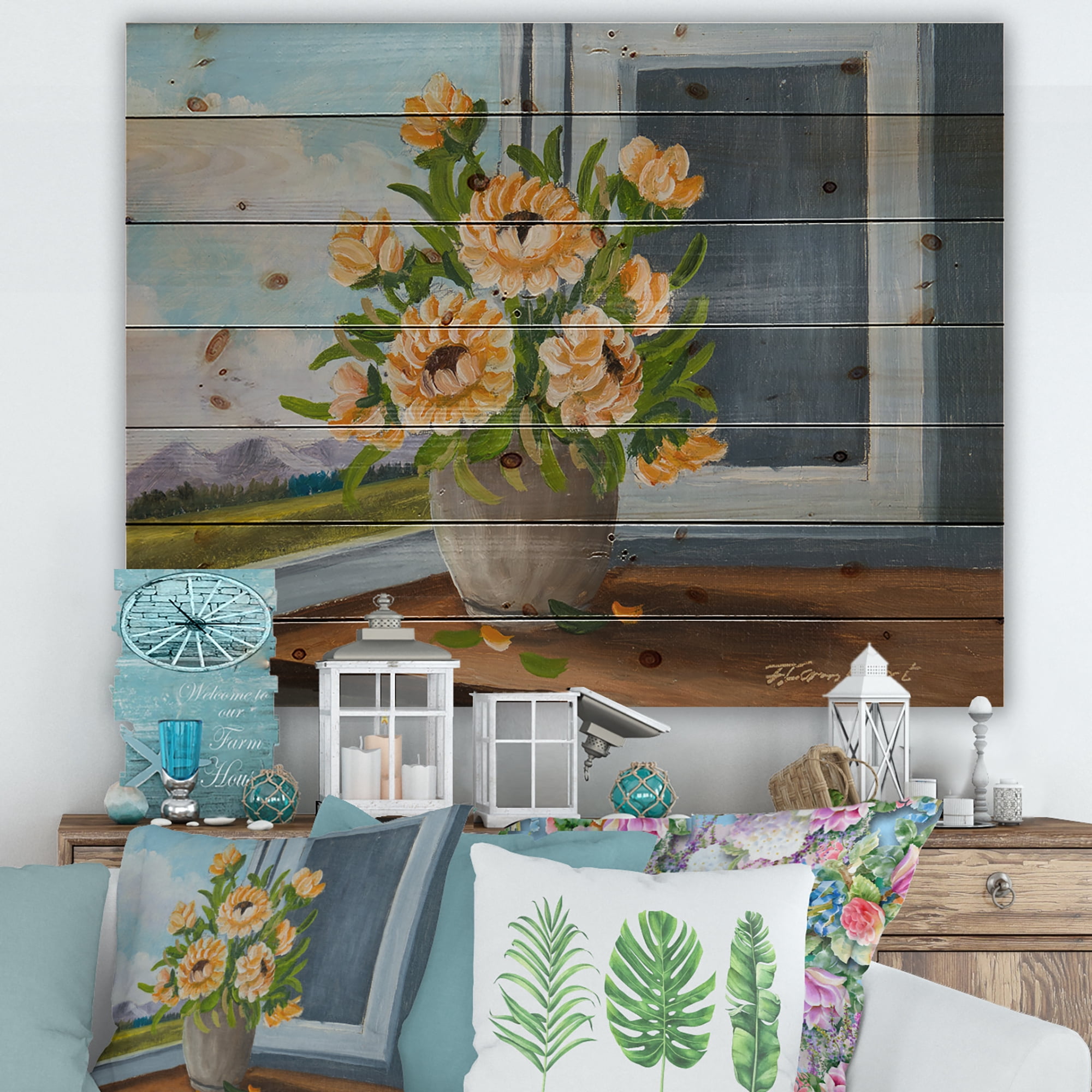 Designart 'Still Life With Orange Flowers In Vase At The Window' Traditional Print on Natural Pine Wood