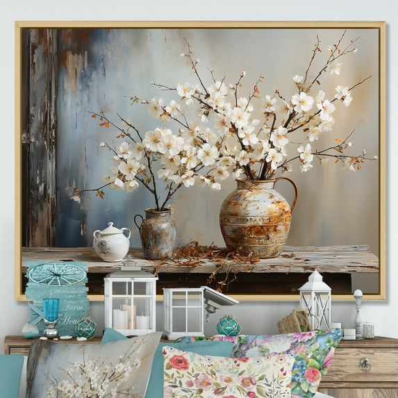 Designart "Still Life With Pottery And Florals" Landscape Trees Floater Framed Wall Decor