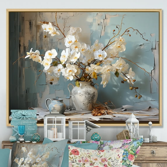 Designart "Still Life With White Orchids In A Farmhouse" Orchids Floater Framed Canvas Art Print