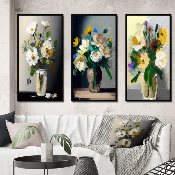 Designart "Still Life with White Flowers in Bloom I" Floral Framed Wall Art Set Of 3 - White Traditional Frame Gallery Set For Office Decor