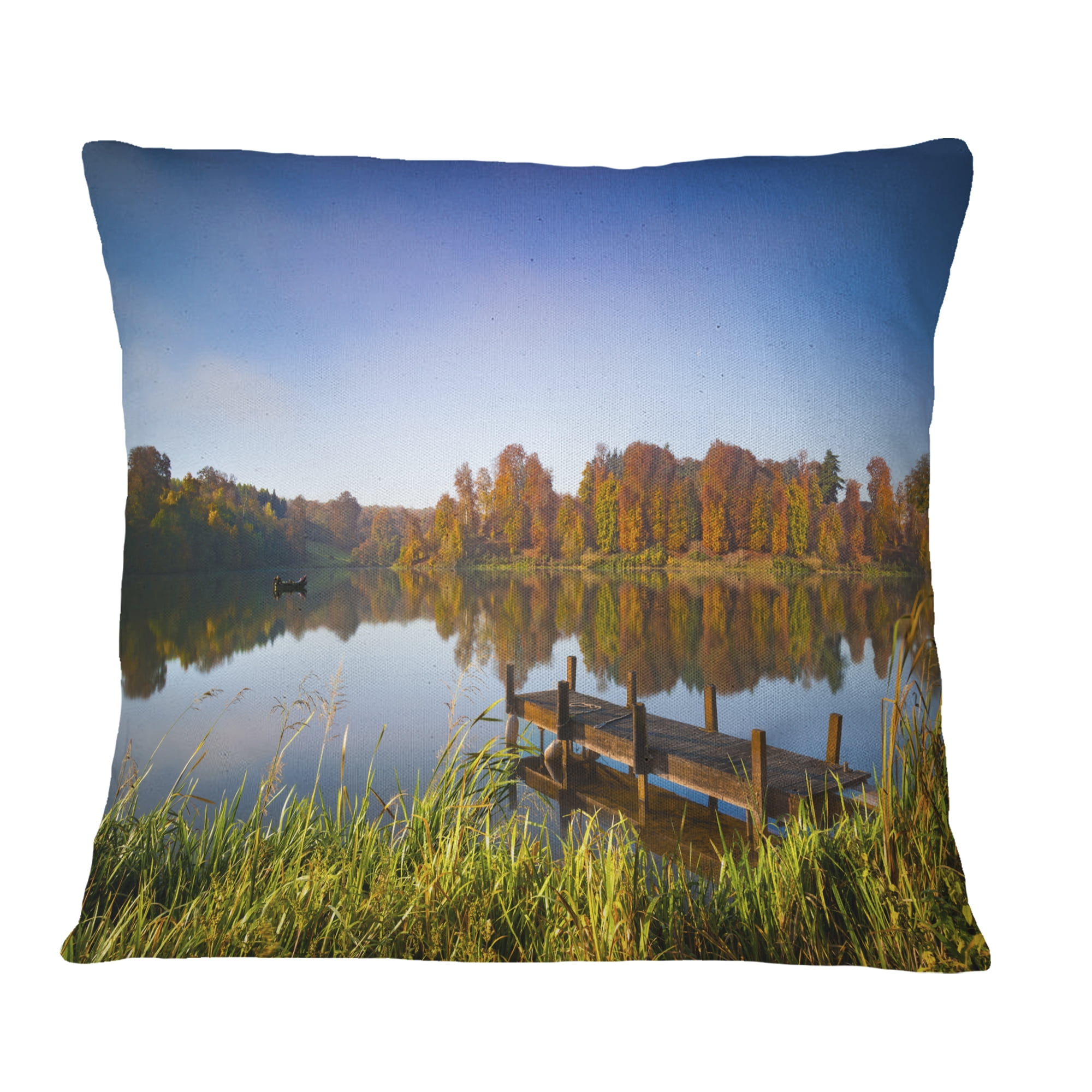 Designart Still Waters of Fall Lake - Landscape Printed Throw Pillow - 16x16